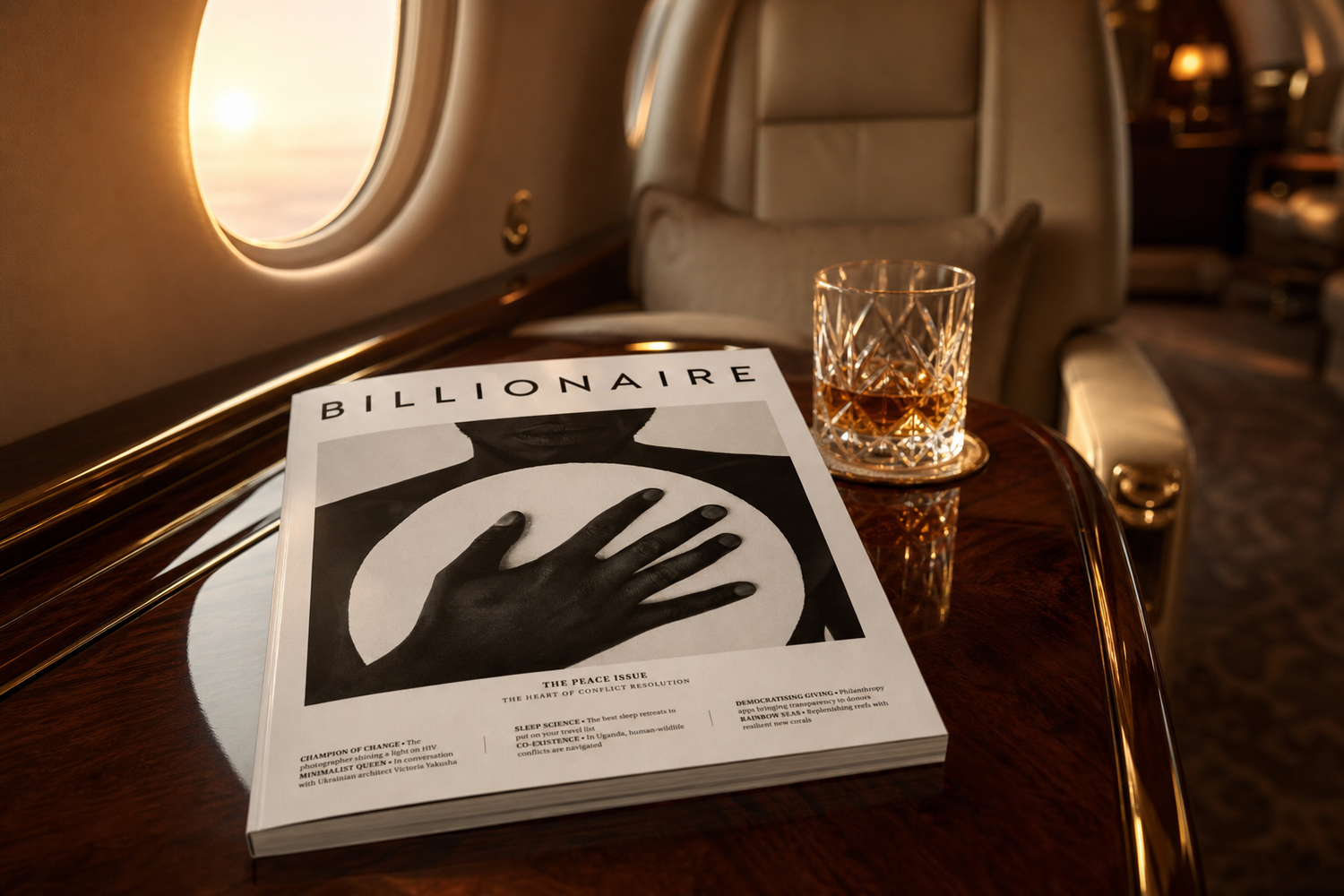 Magazine titled 'Billionaire' on a table with a glass of whiskey in an airplane cabin.